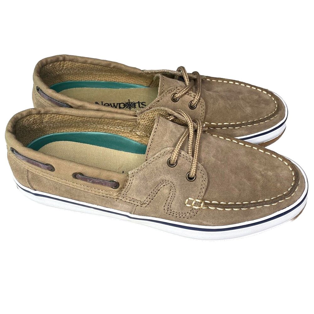 Newports Suede Leather Boat Shoes Lace Up Loafers Rubber Soles Mens 8 Tan NWOT